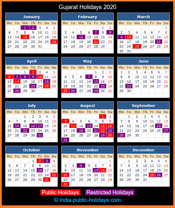 Gujarat Holiday Calendar 2020